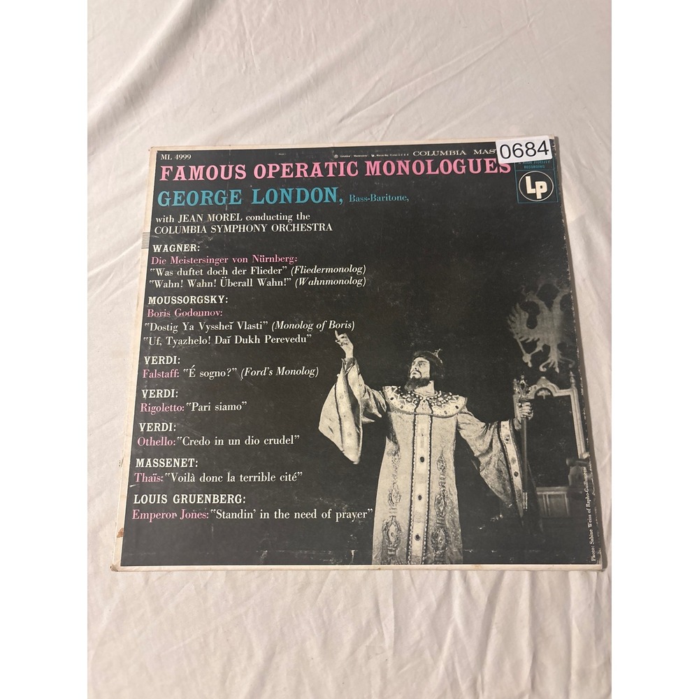 Columbia George London Famous Operatic Monologues Vinyl LP ML 4999 Black Good